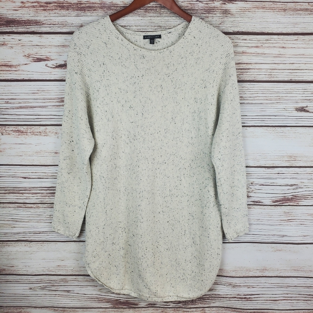Eileen Fisher Womens Medium Off-White Speckled Crew Neck Sweater Knit Tunic